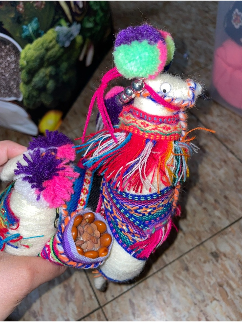 Handmade Peruvian Wool Llama with Colorful Pom-Poms - Picture 4 of 5